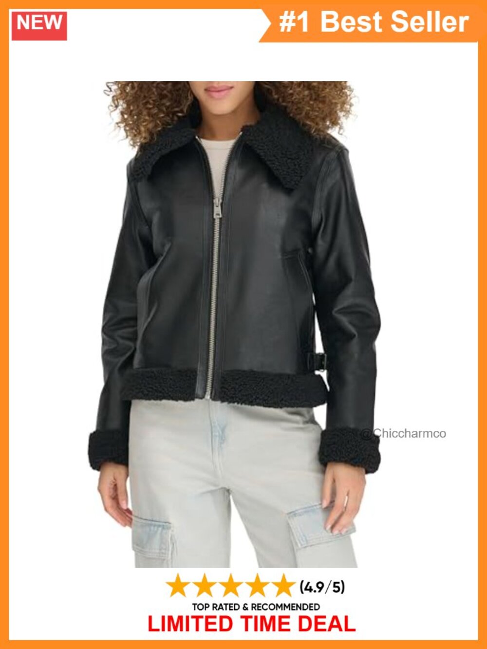 Faux Leather Aviator Jacket Sherpa Lined Full Zip Women's